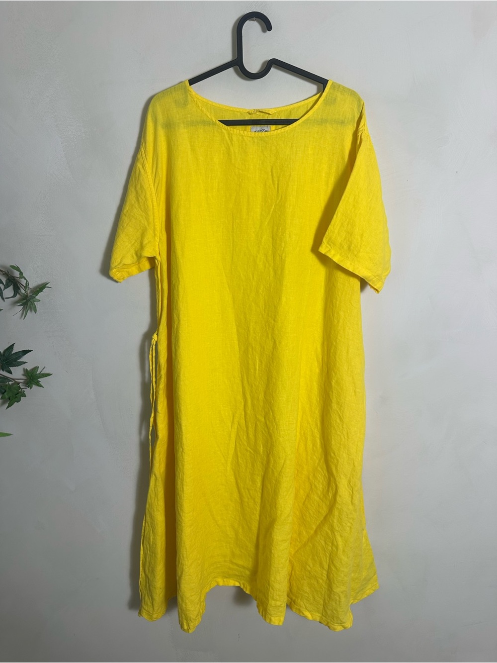 Sunny Yellow 100% Linen Midi Dress with Side Tie Fits Like M/L
